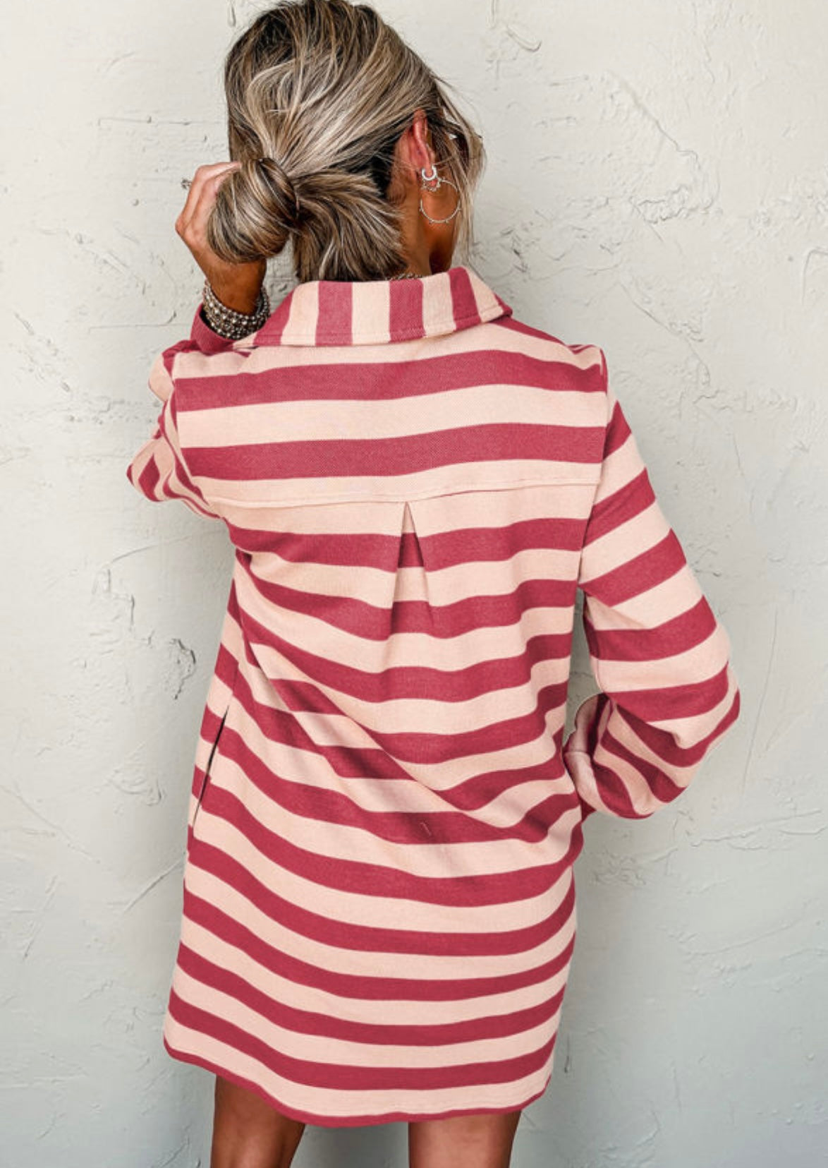 Pink Strip Collared Long Sleeve Dress