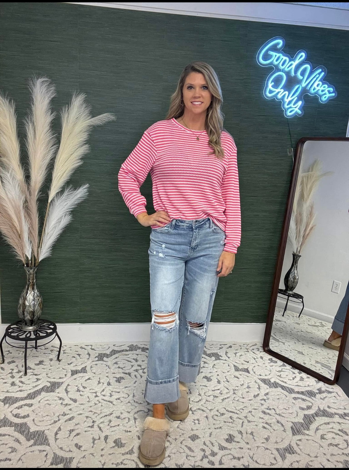 Pink Stripe Round Neck Long Sleeve Top
