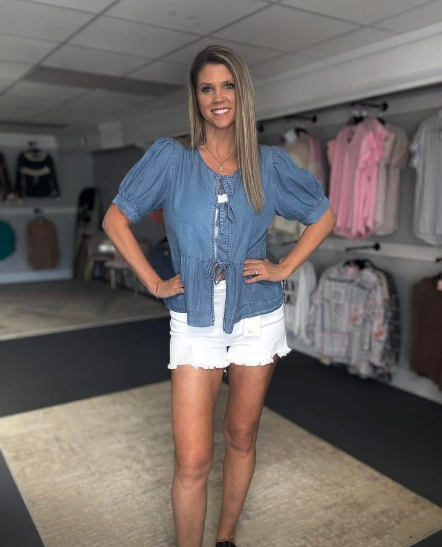Jodifl Denim Bow Tie Peplum Top