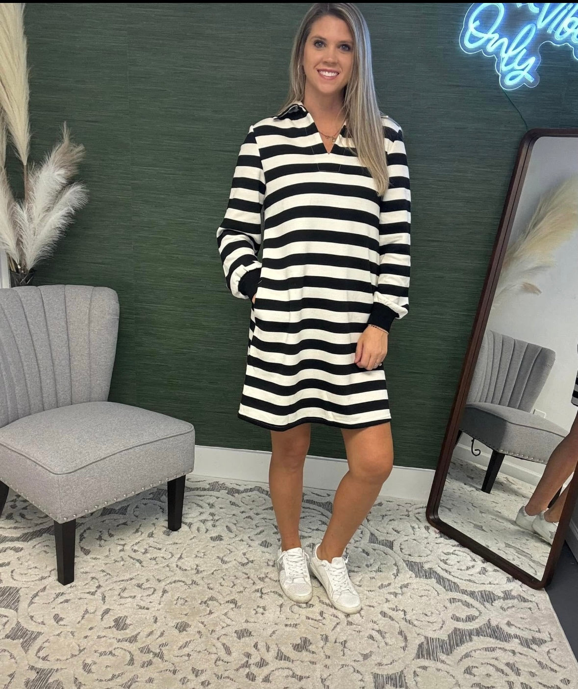 Black Stripe Collared V Neck Dress