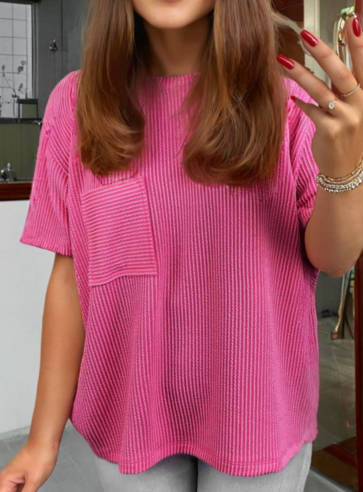 Pink Corded Loose Fit T-shirt