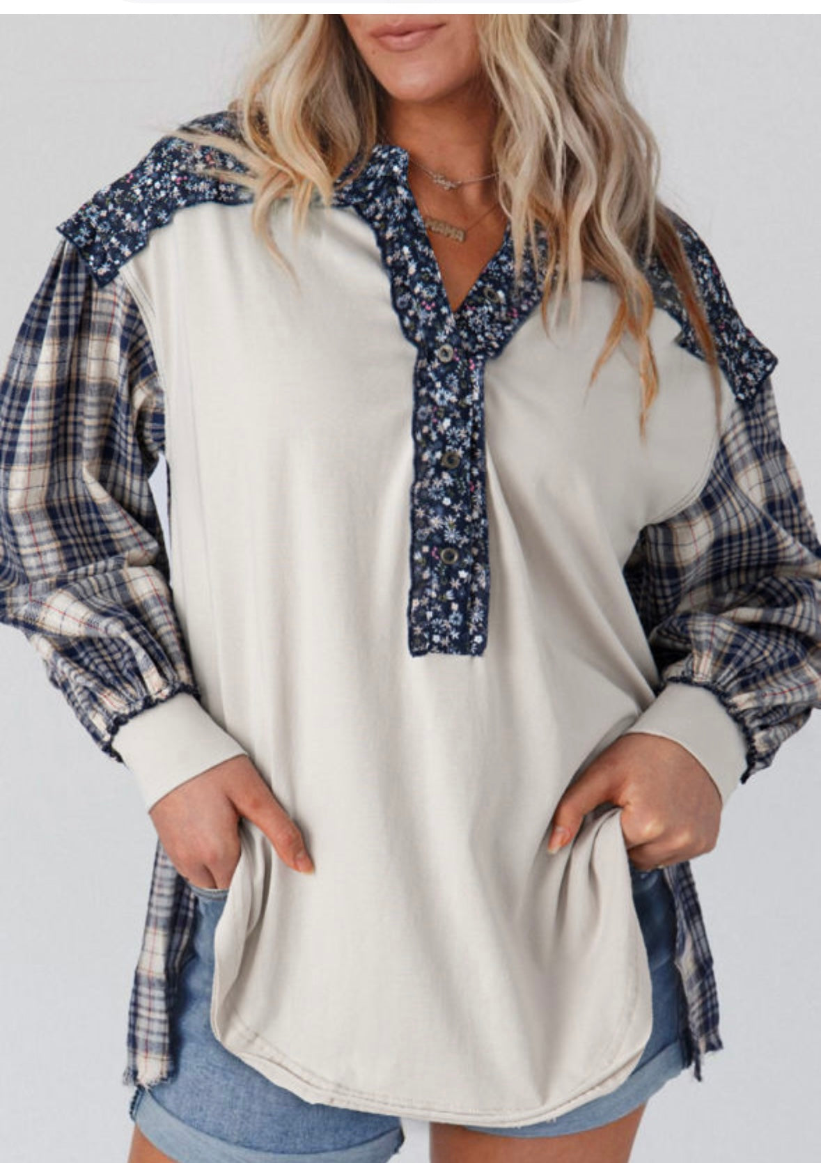 Blue Floral Plaid Long Sleeve