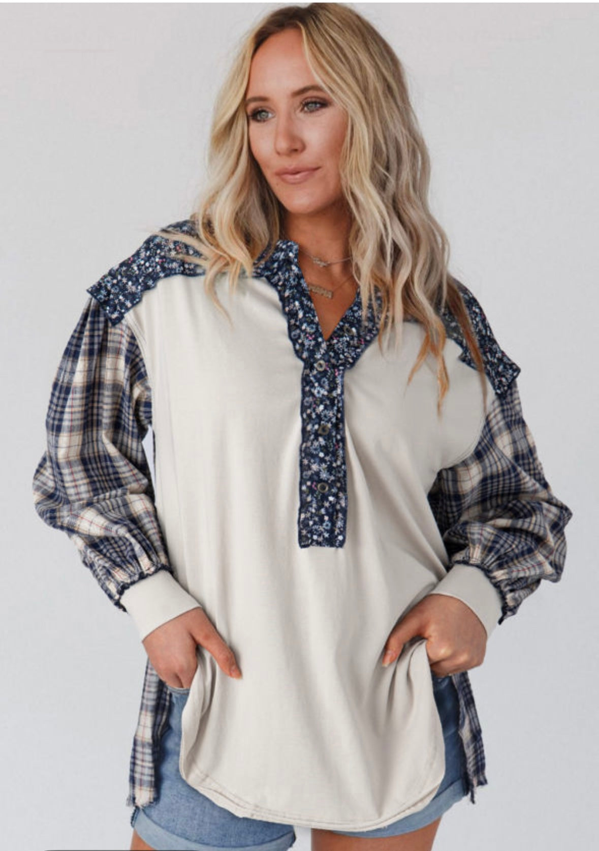 Blue Floral Plaid Long Sleeve