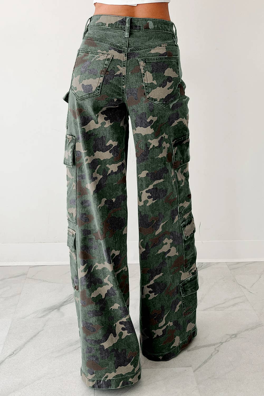 Camo Denim Cargo Wide Leg Pants