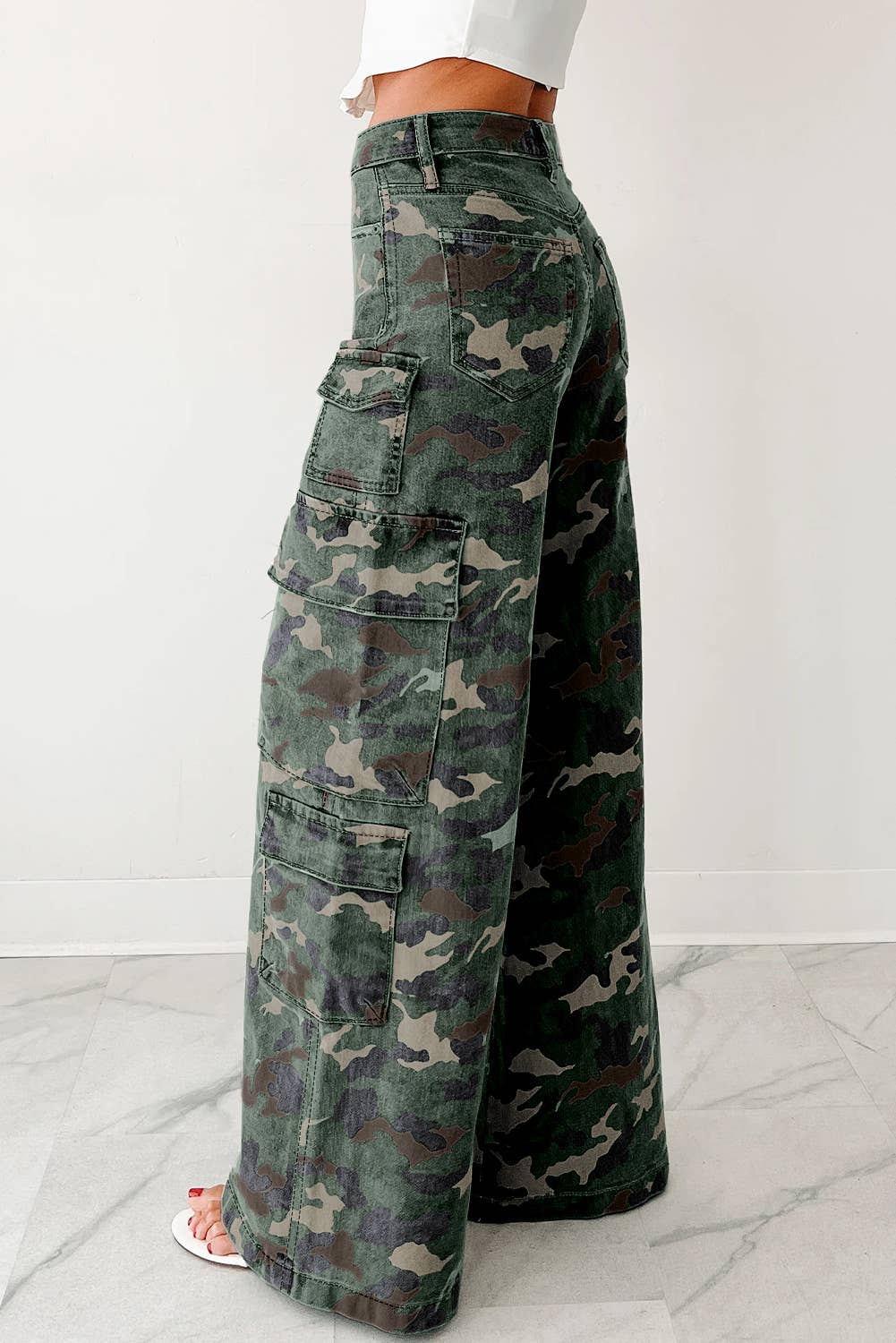 Camo Denim Cargo Wide Leg Pants