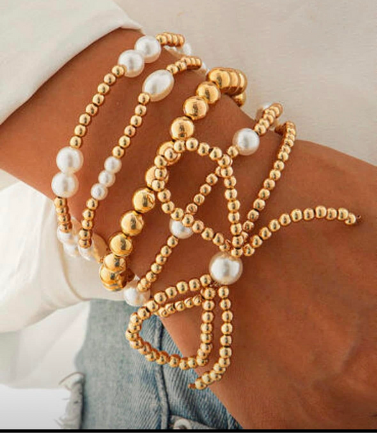 Gold Bow Knot Pearl Bracelet Set