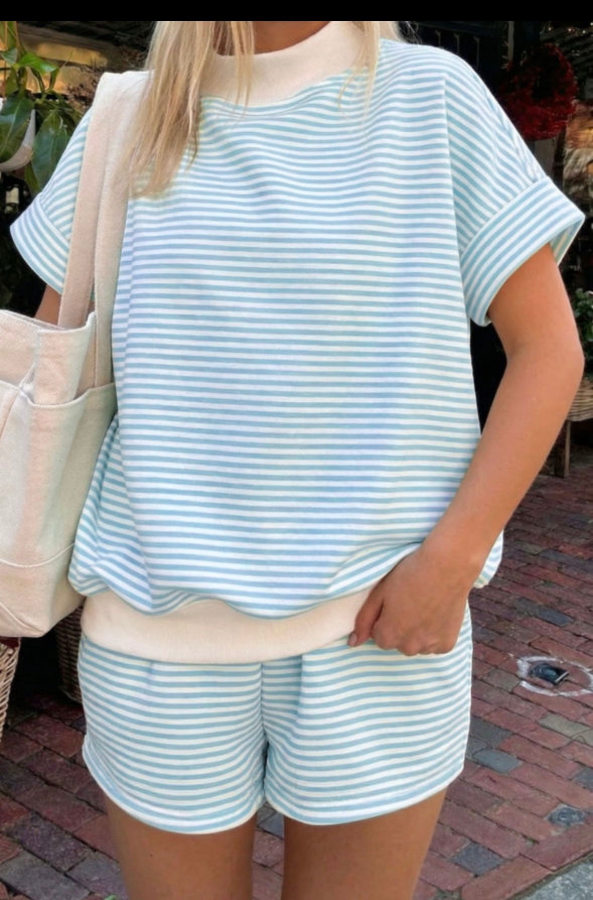 Blue and White Stripe Short Set