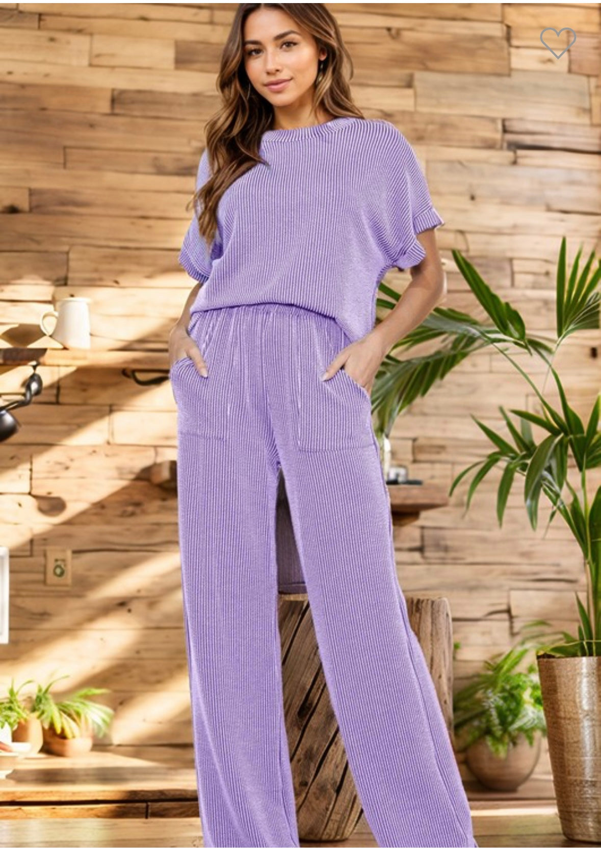 Wave Ribbed Short Sleeve Top and Pants Set