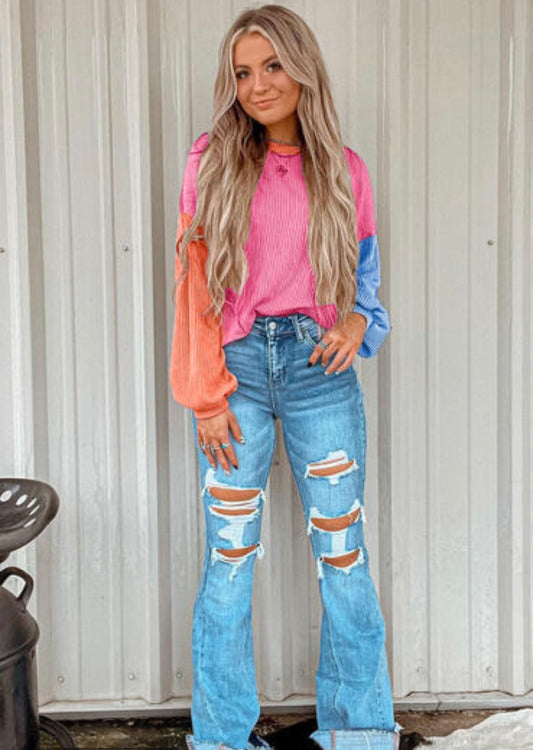 Pink, Blue and Orange Long Sleeve Top