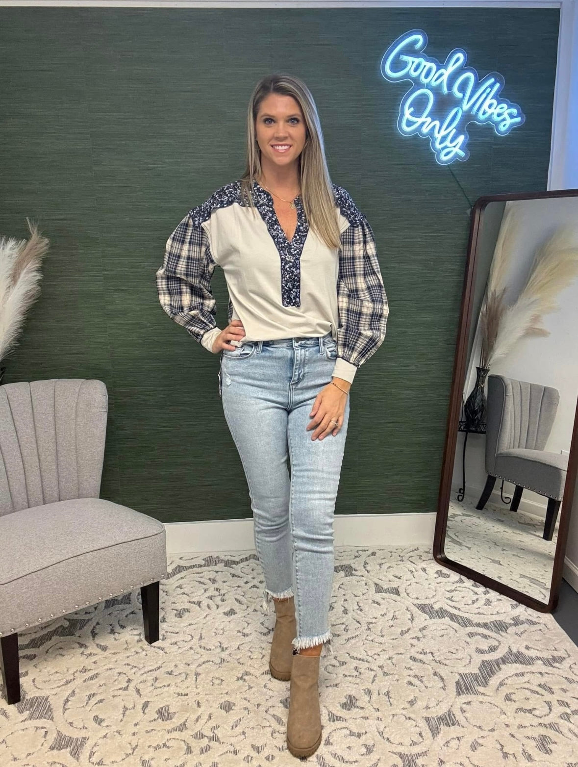 Blue Floral Plaid Long Sleeve