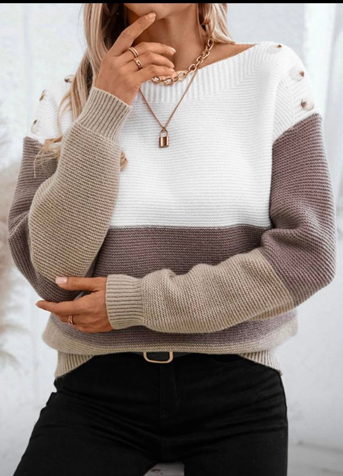 Tan Colorblock Knitted Button Sweater