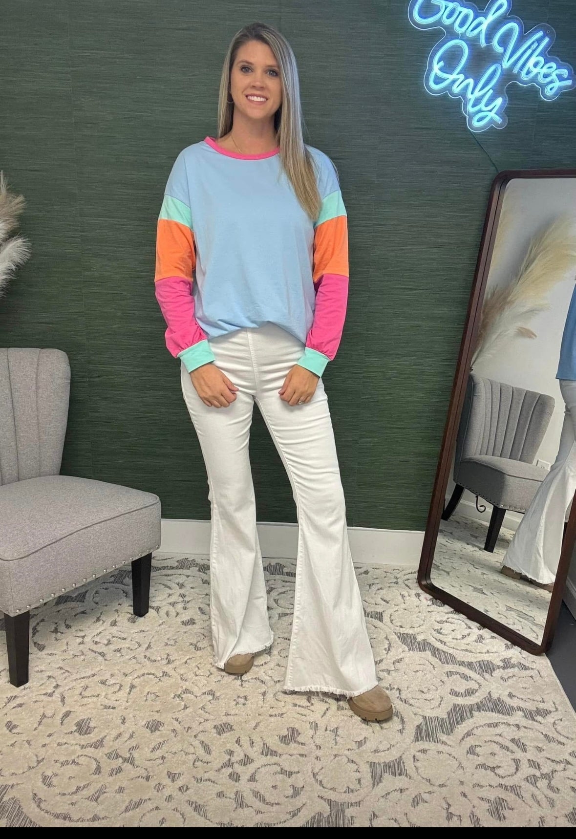 Blue Colorblock Long Sleeve Top