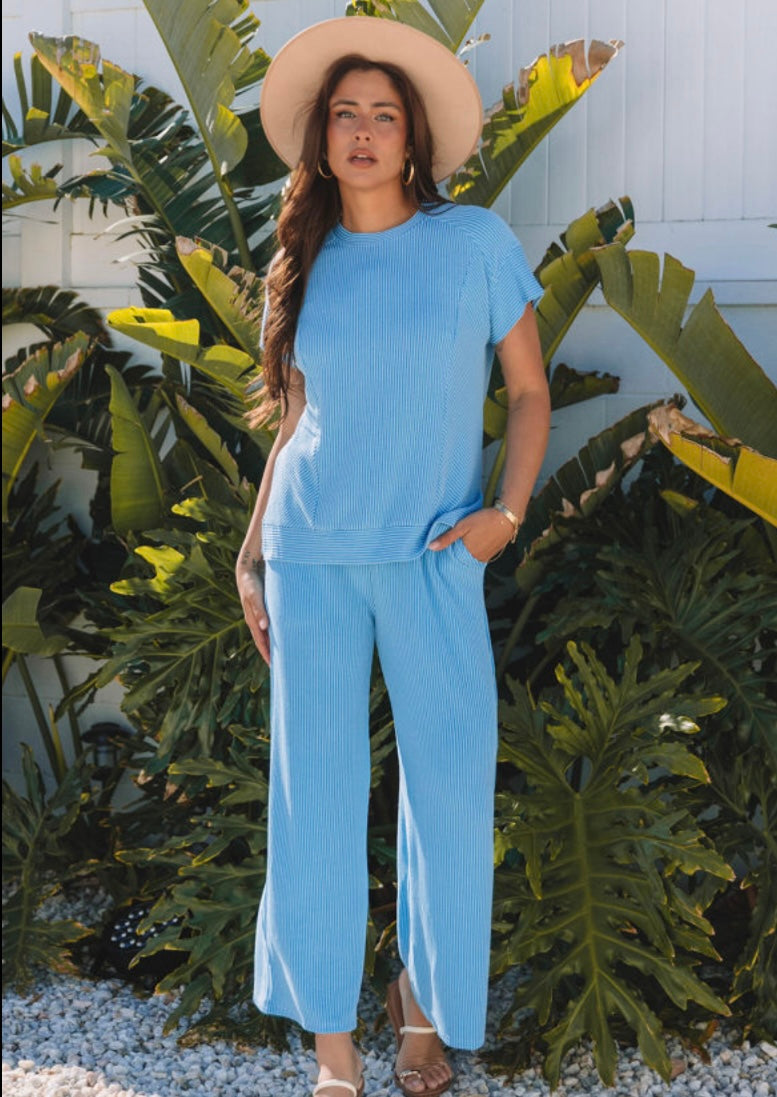 Blue Corded Short Sleeve/Crop Pant Set