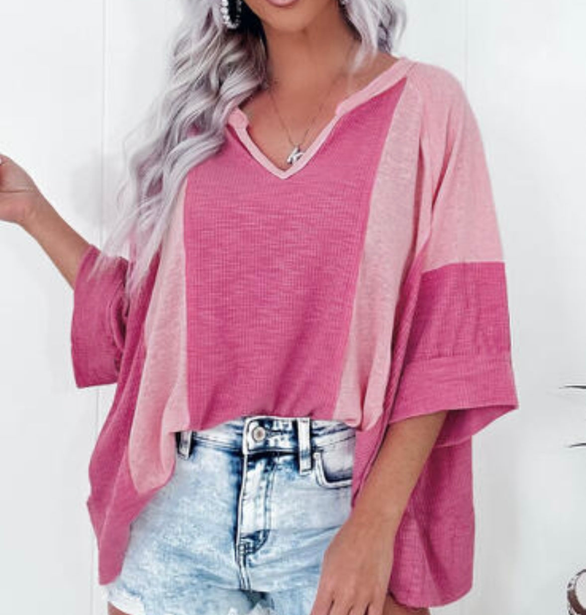 Bright Pink Textured 3/4 Sleeve Top