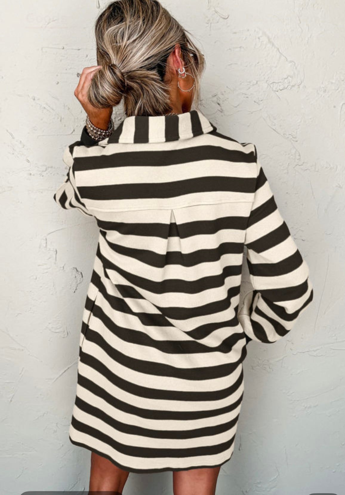 Black Stripe Collared V Neck Dress