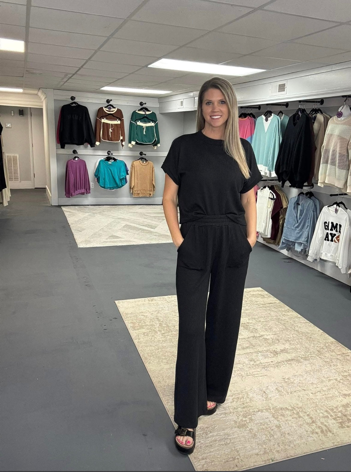 Wave Ribbed Short Sleeve Top and Pants Set