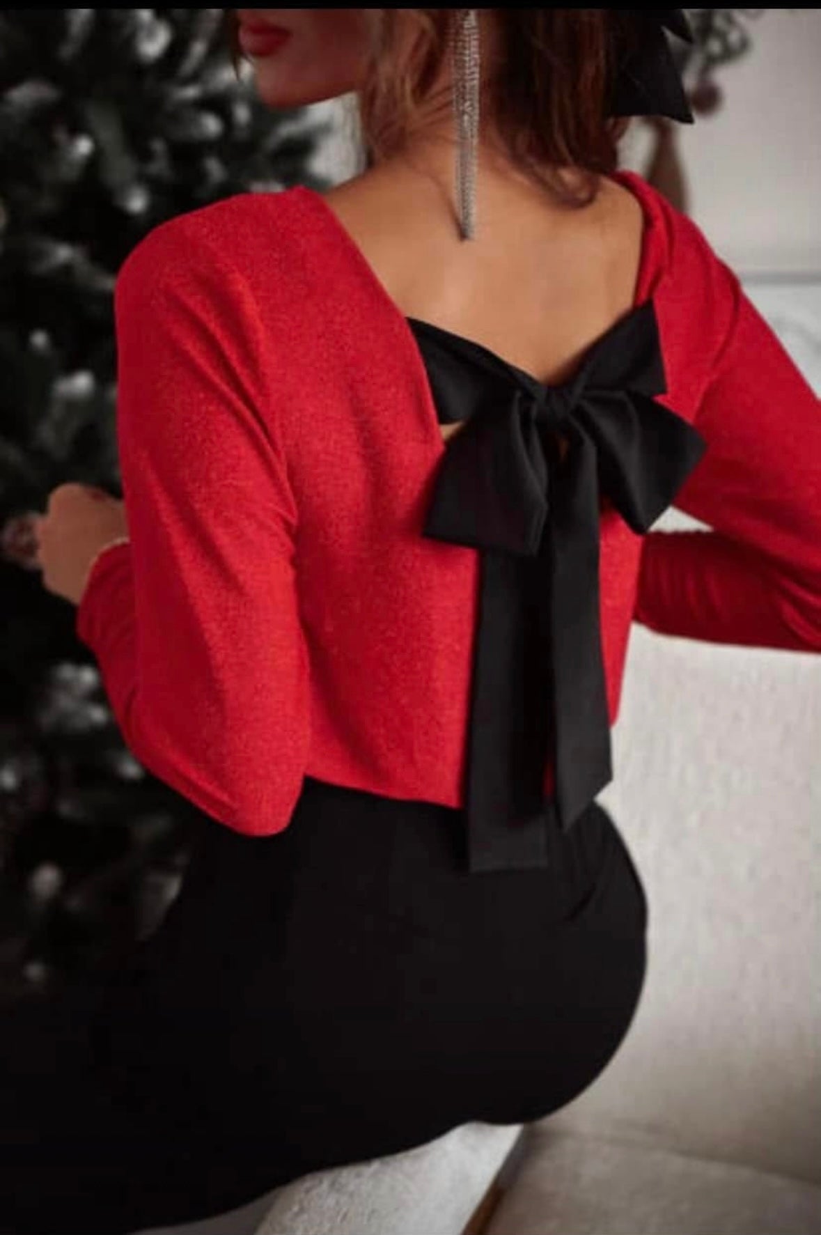 Metallic V neck Bow Back Top