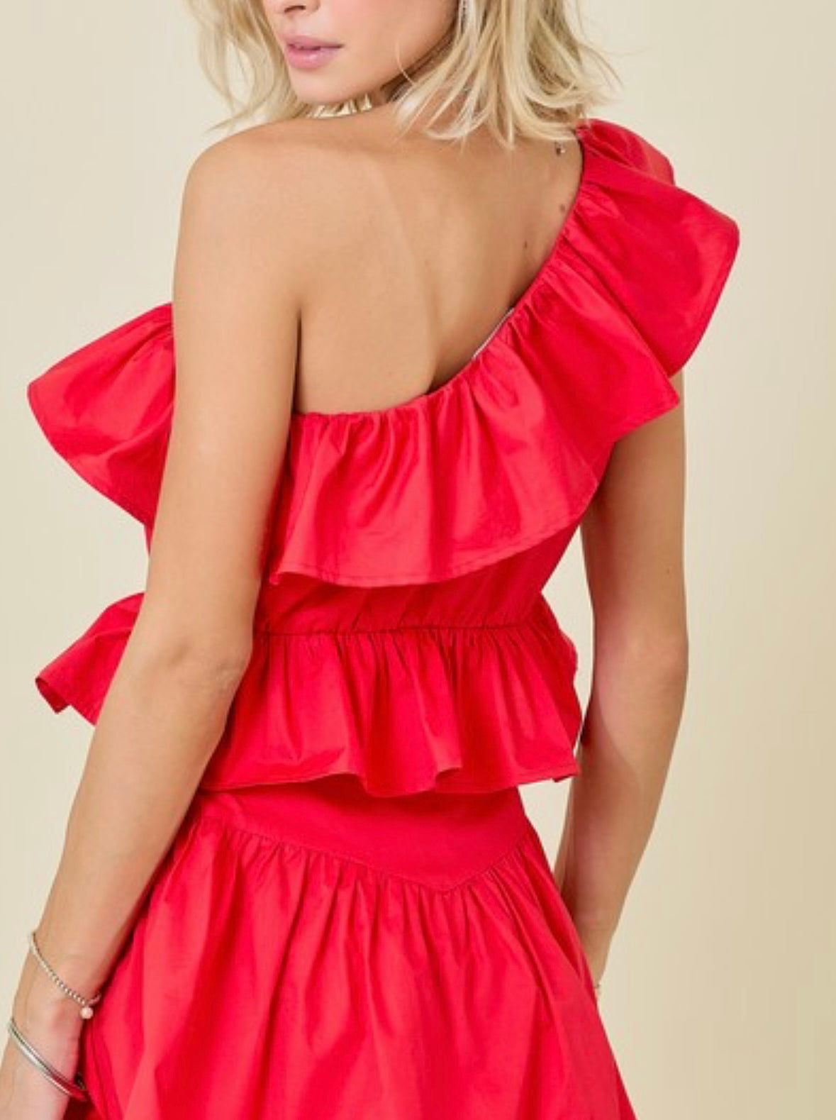 One Shoulder Poplin Asymmetrical Ruffle Top