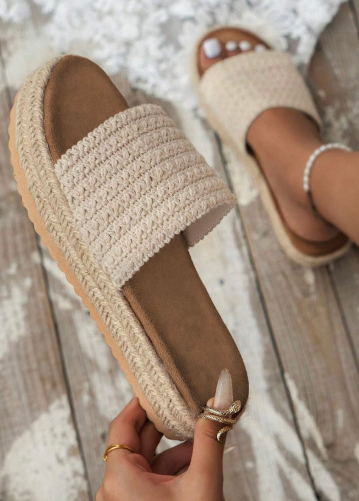 White Boho Woven Slide