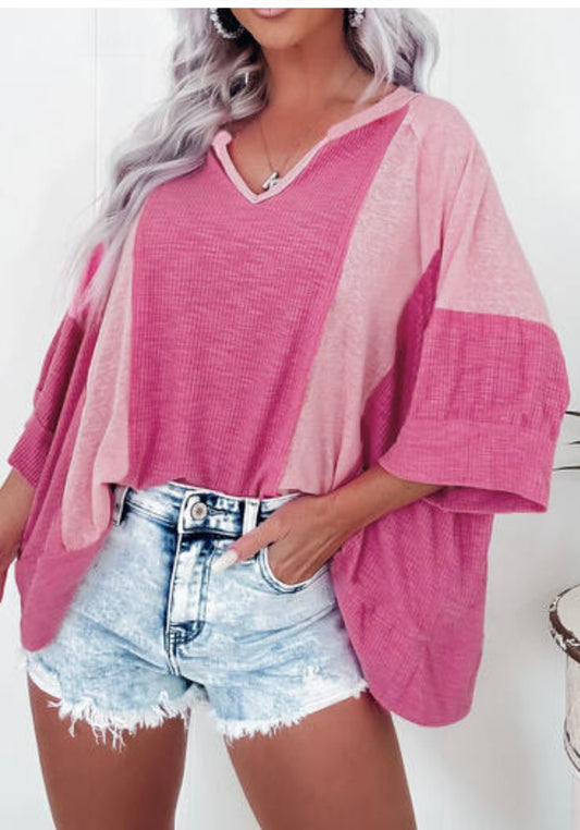 Bright Pink Textured 3/4 Sleeve Top
