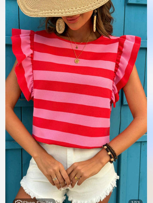 Red and Pink Ruffle Sleeve Shirt