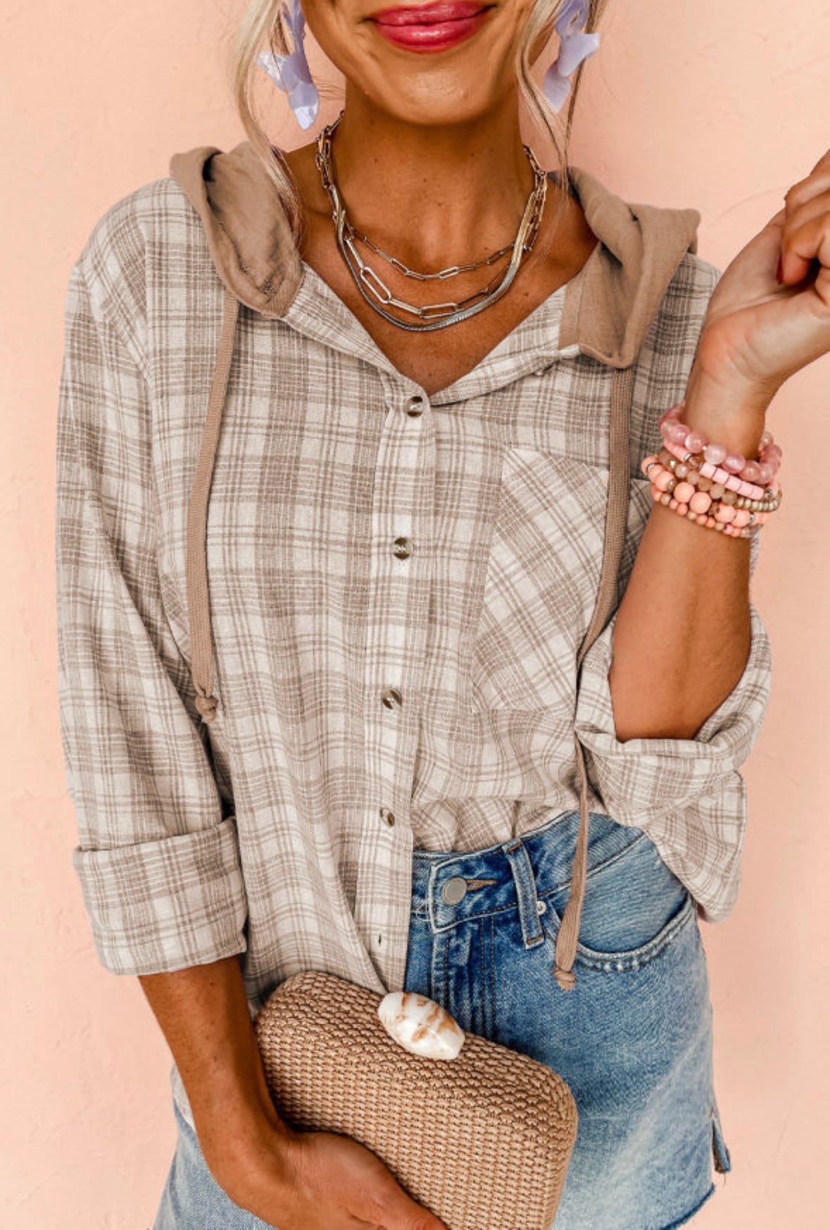 Light Brown Plaid Hoodie