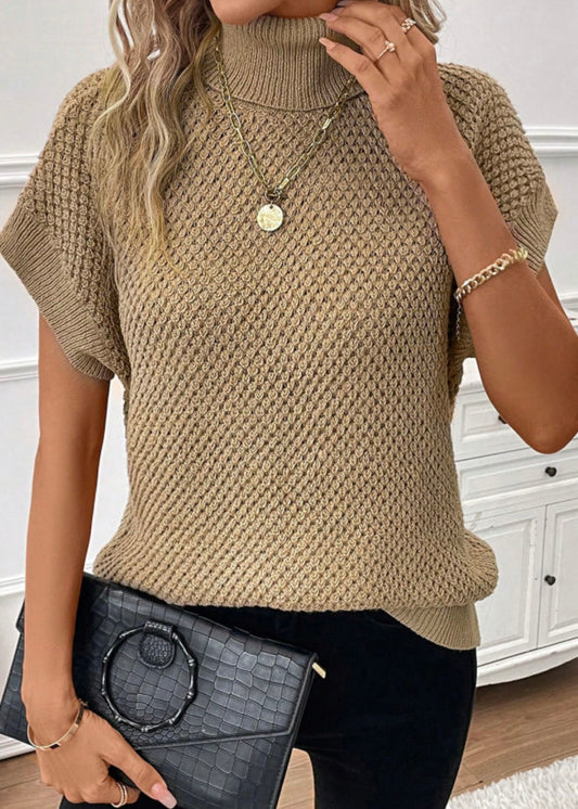 Khaki Turtleneck Short Sleeve Sweater