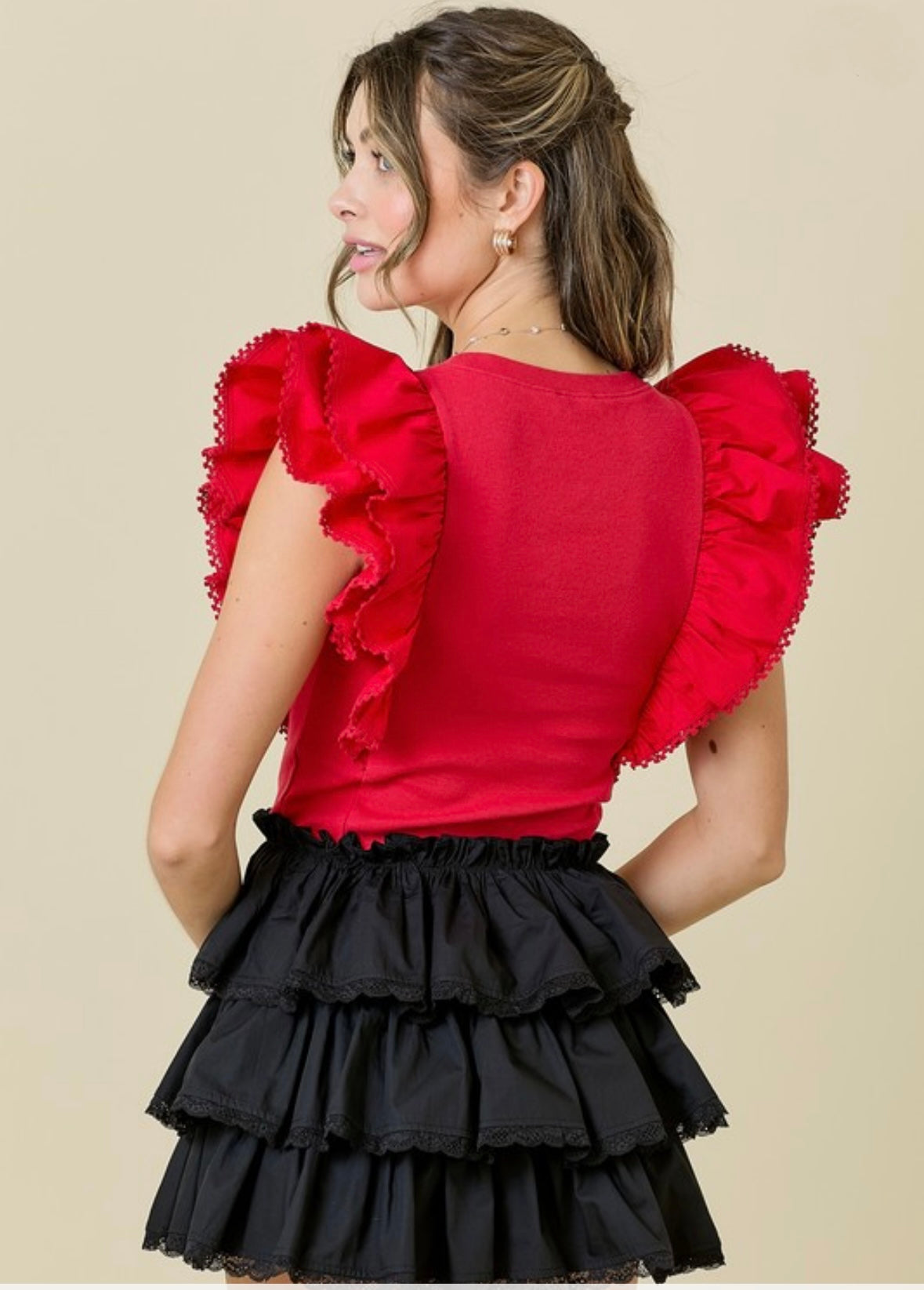 Ribbed Knit Top w/ Poplin Ruffles