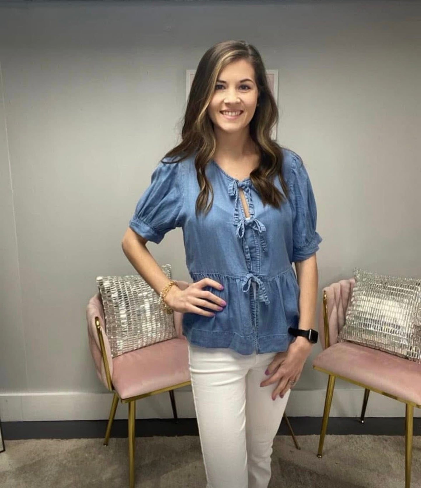 Jodifl Denim Bow Tie Peplum Top