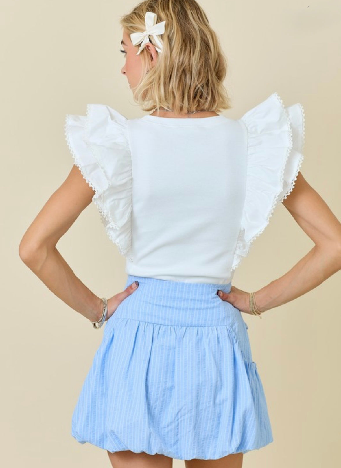 Ribbed Knit Top w/ Poplin Ruffles