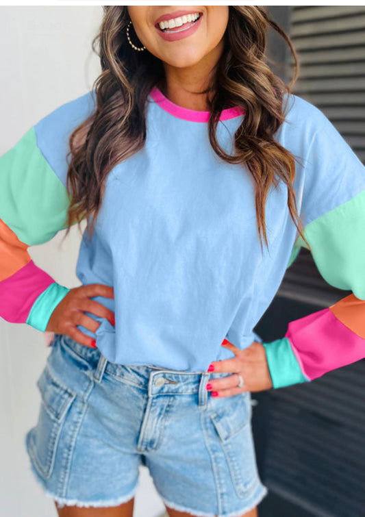 Blue Colorblock Long Sleeve Top