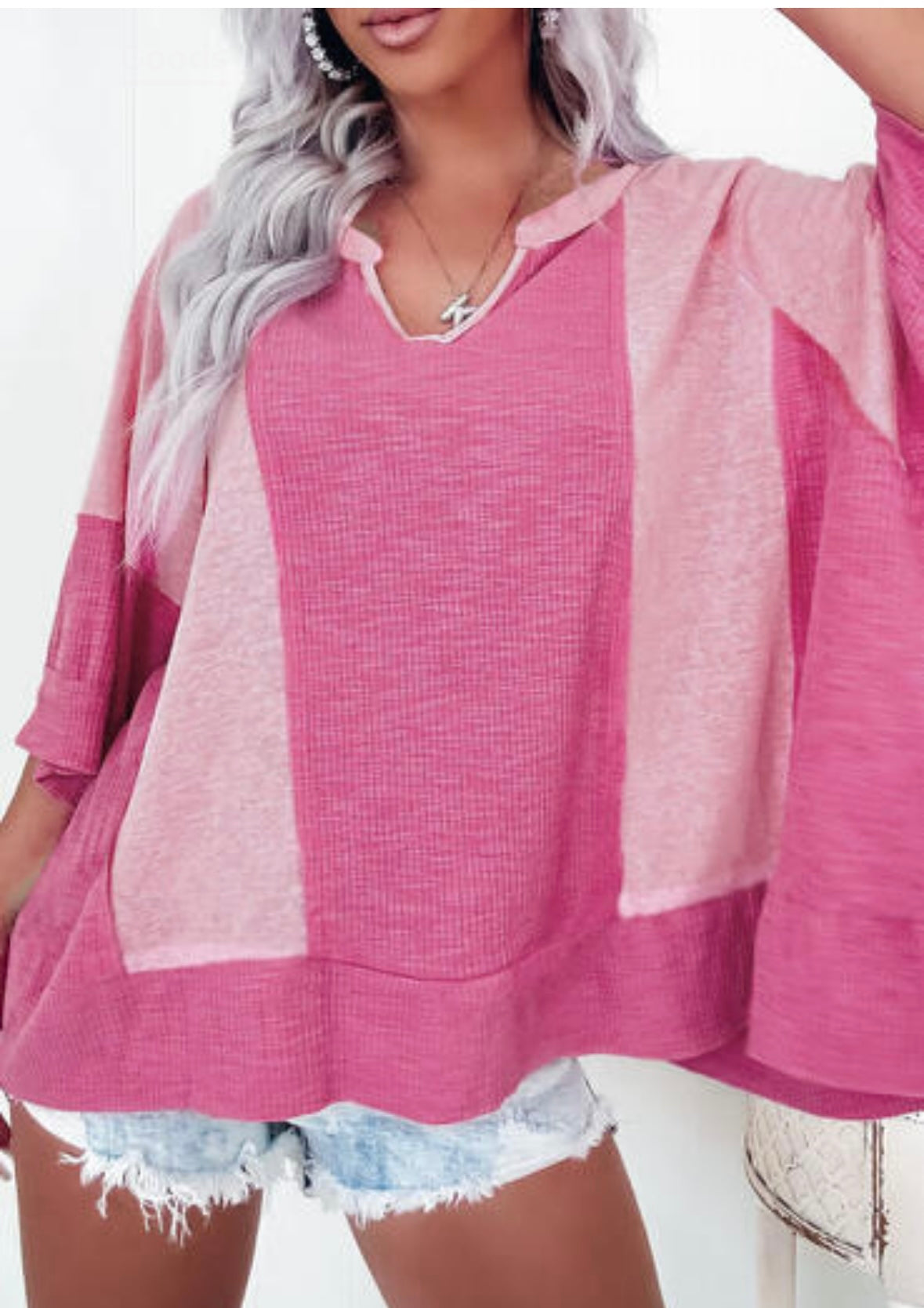 Bright Pink Textured 3/4 Sleeve Top