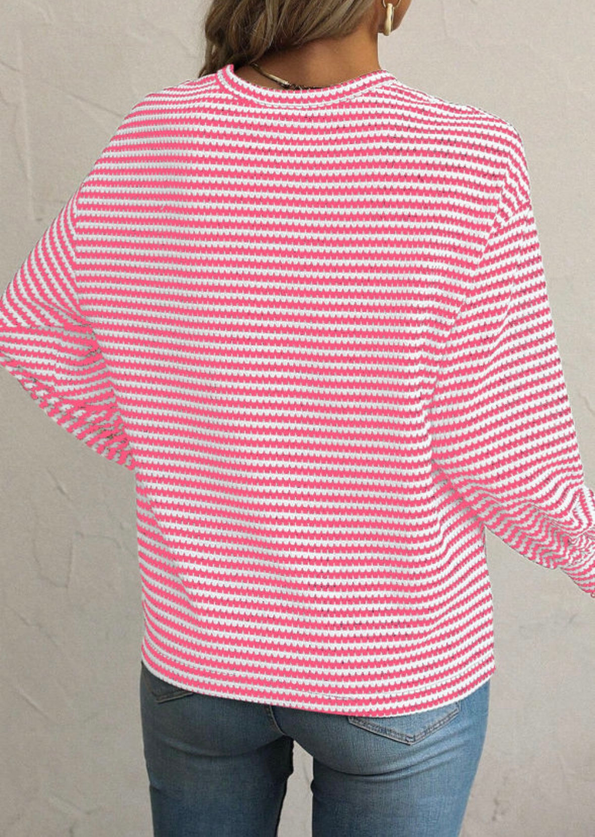 Pink Stripe Round Neck  Long Sleeve Top