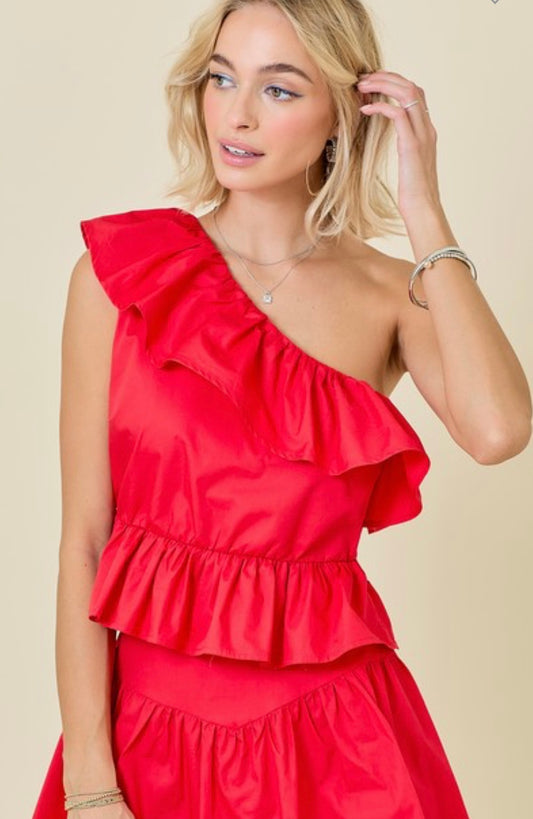 One Shoulder Poplin Asymmetrical Ruffle Top