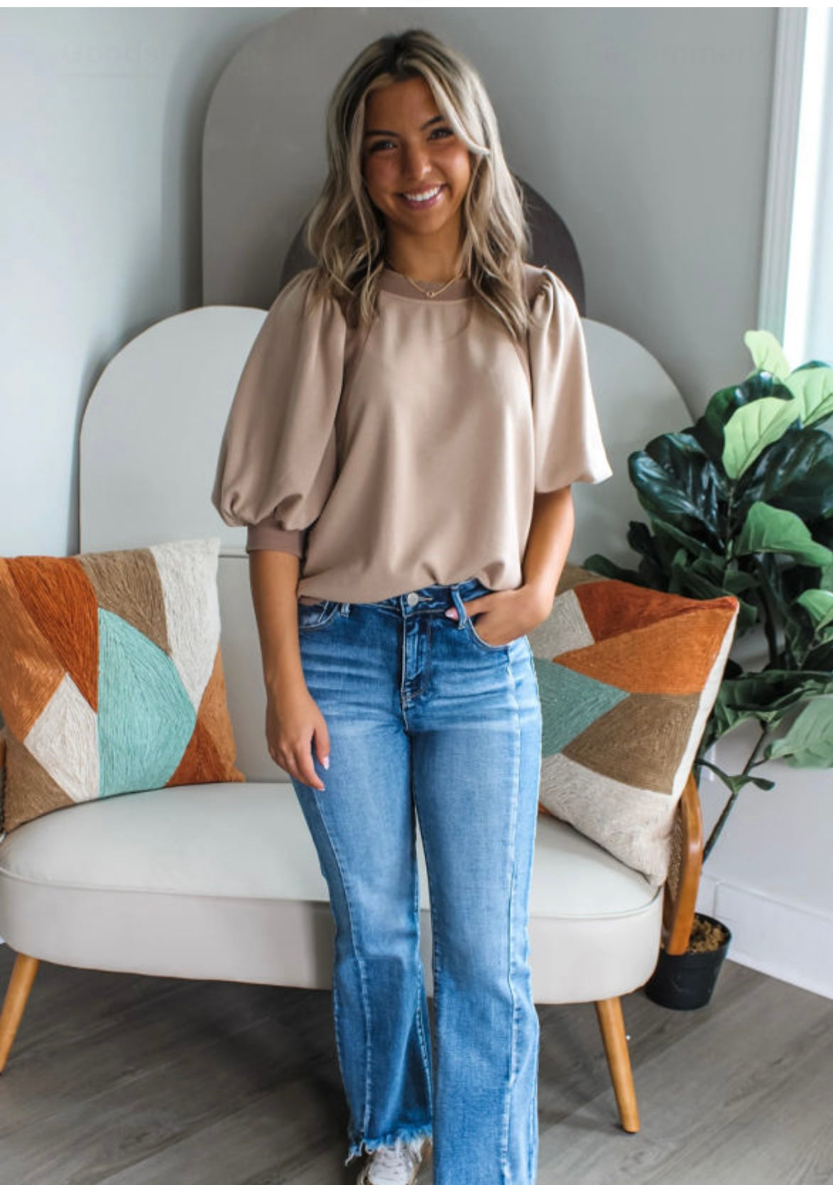 Brown Lantern Sleeve Top