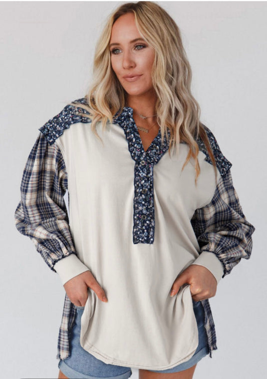 Blue Floral Plaid Long Sleeve