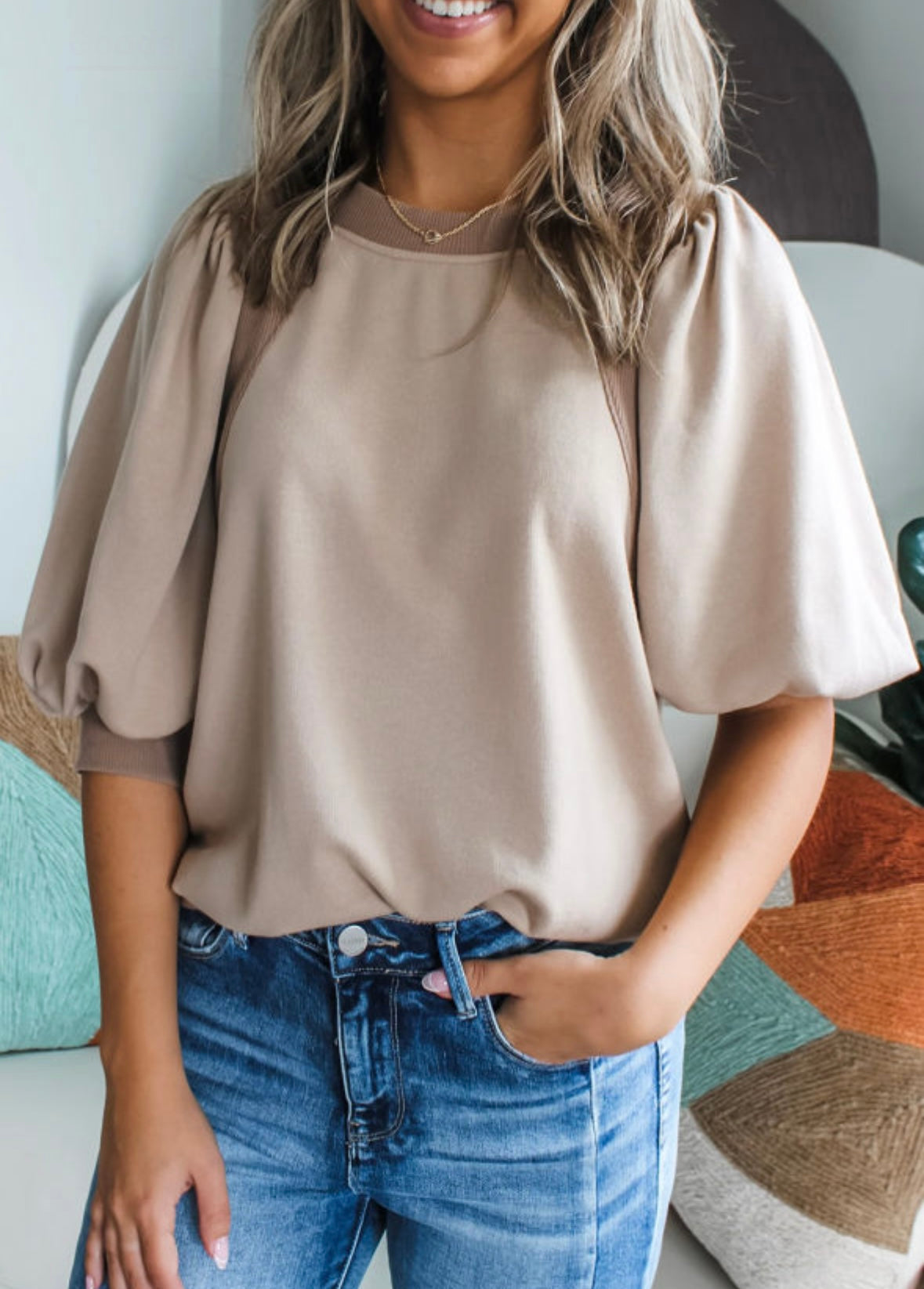 Brown Lantern Sleeve Top