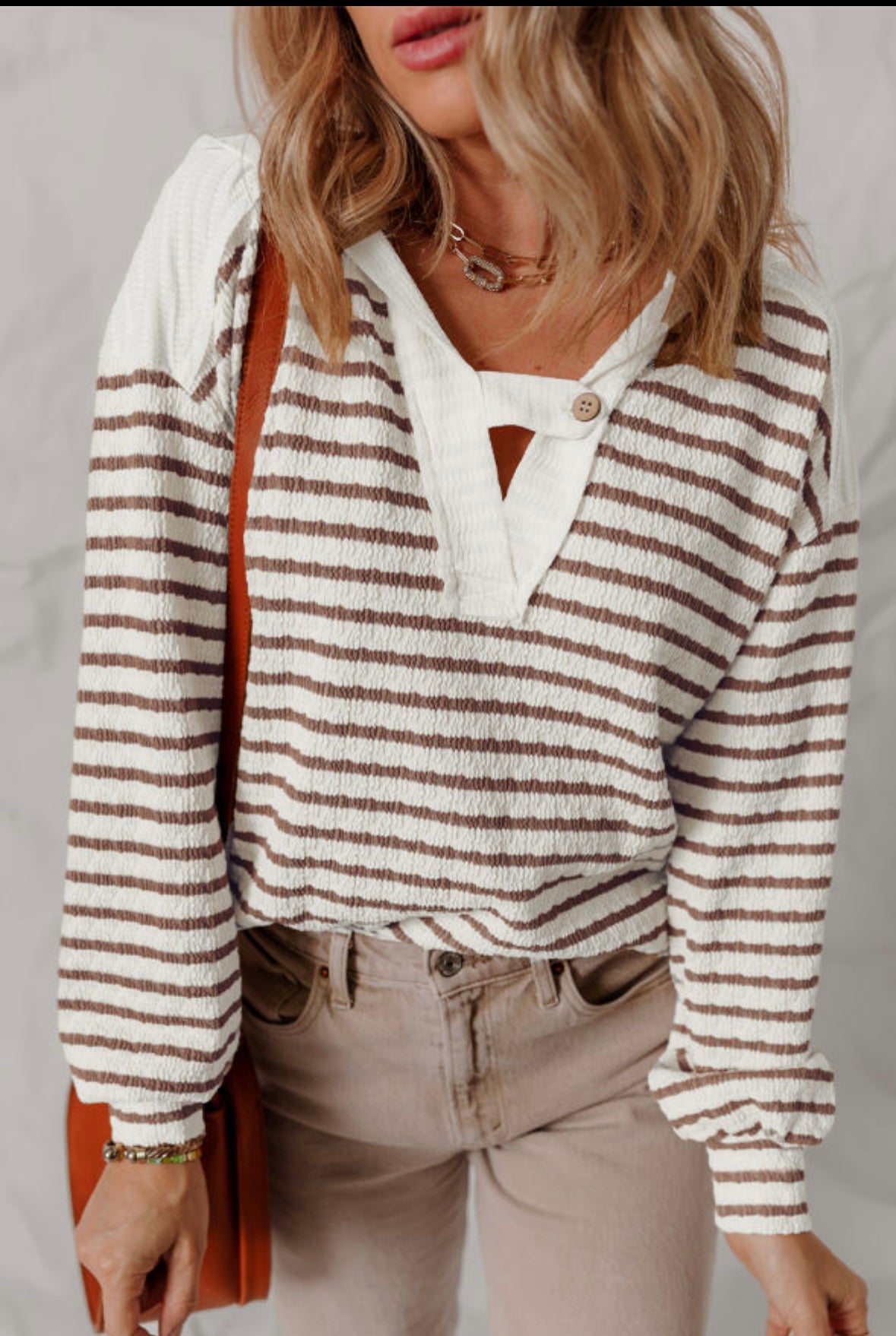 White Brown Stripe Hood Top
