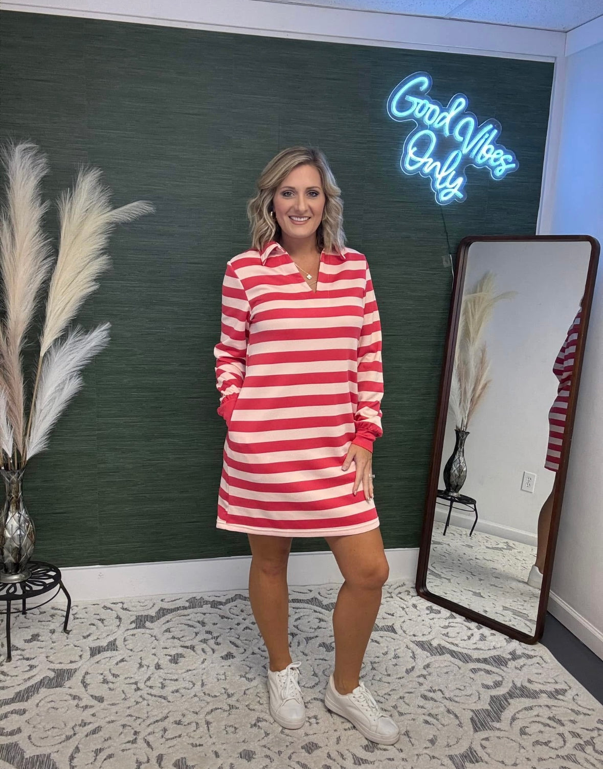 Pink Strip Collared Long Sleeve Dress
