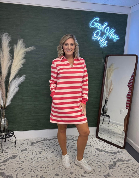 Pink Strip Collared Long Sleeve Dress