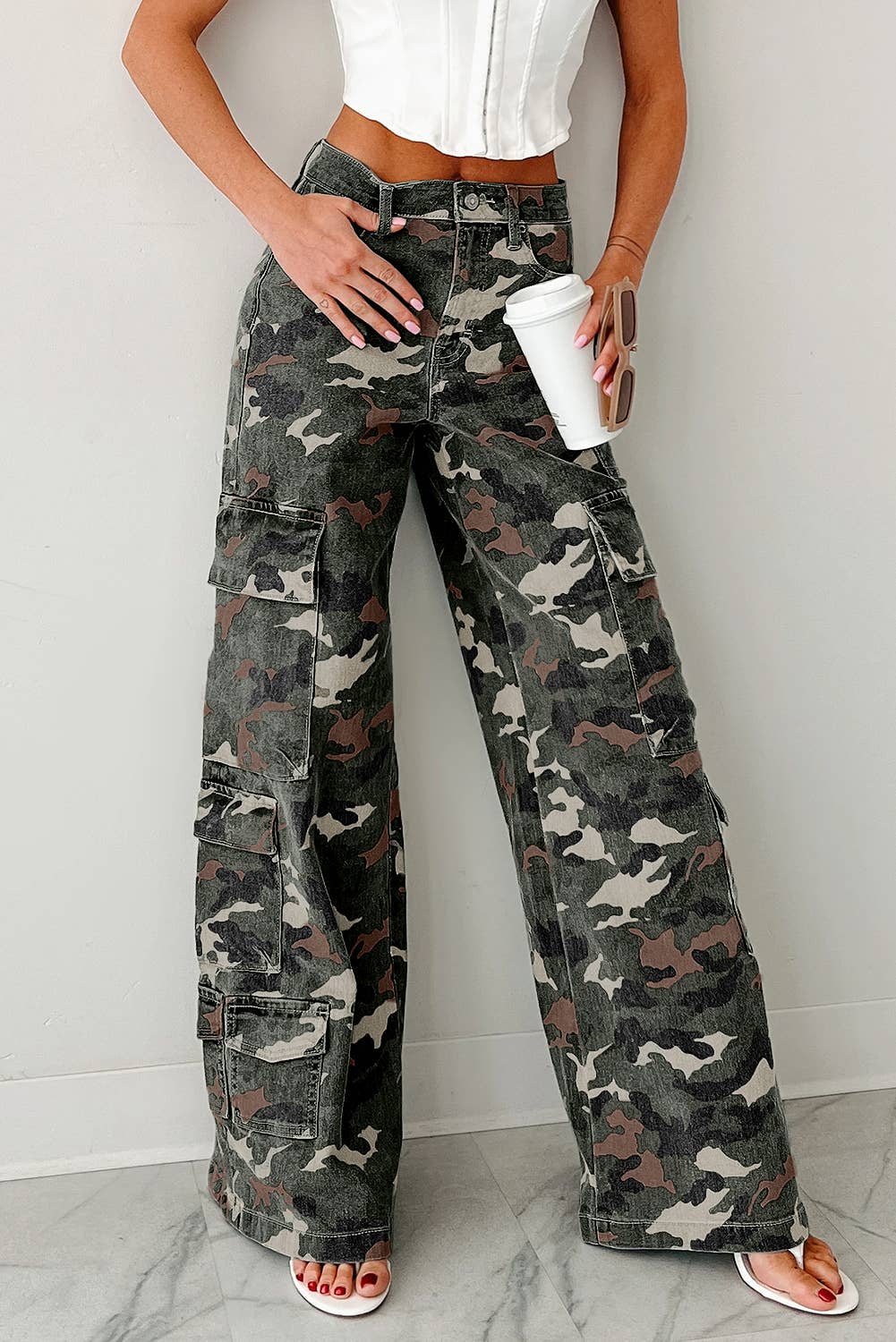 Camo Denim Cargo Wide Leg Pants