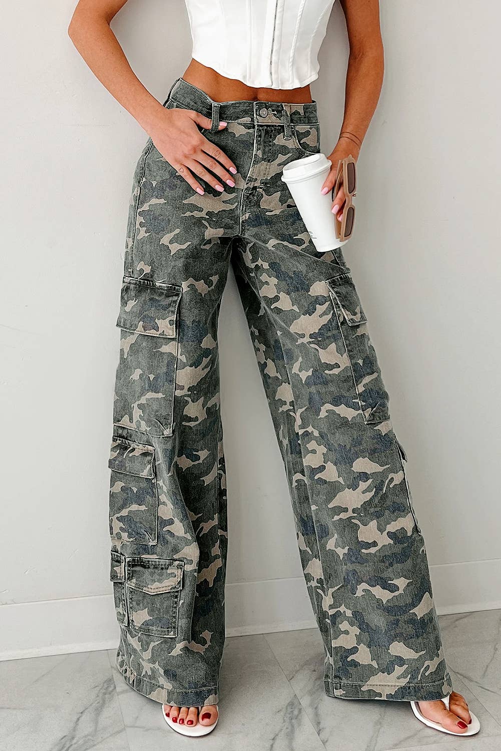 Camo Denim Cargo Wide Leg Pants